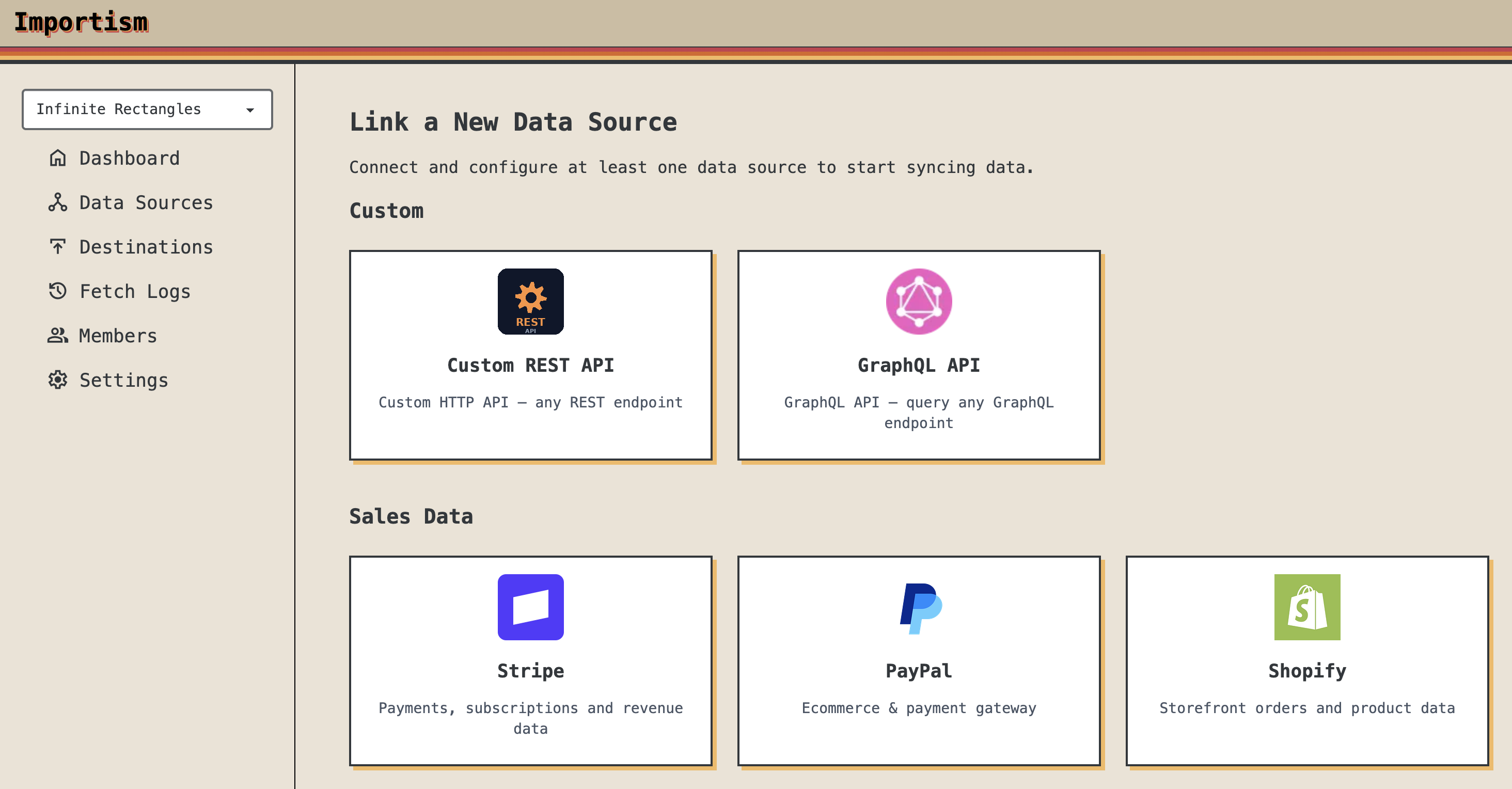 Importism data sources list – add and manage Stripe, Shopify, PayPal, REST API, GraphQL