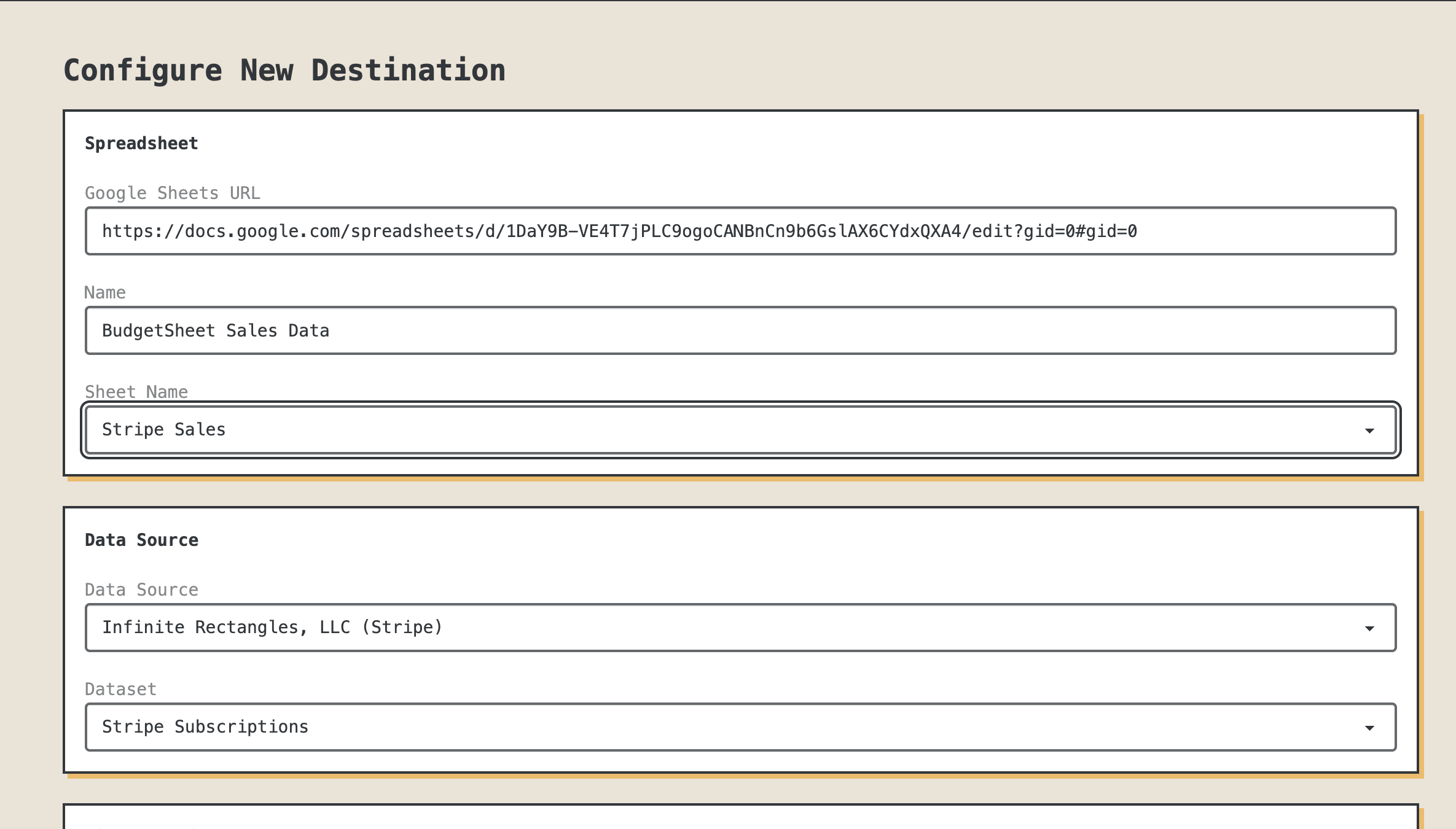 Configure destination – pick your Google Sheet and sheet tab
