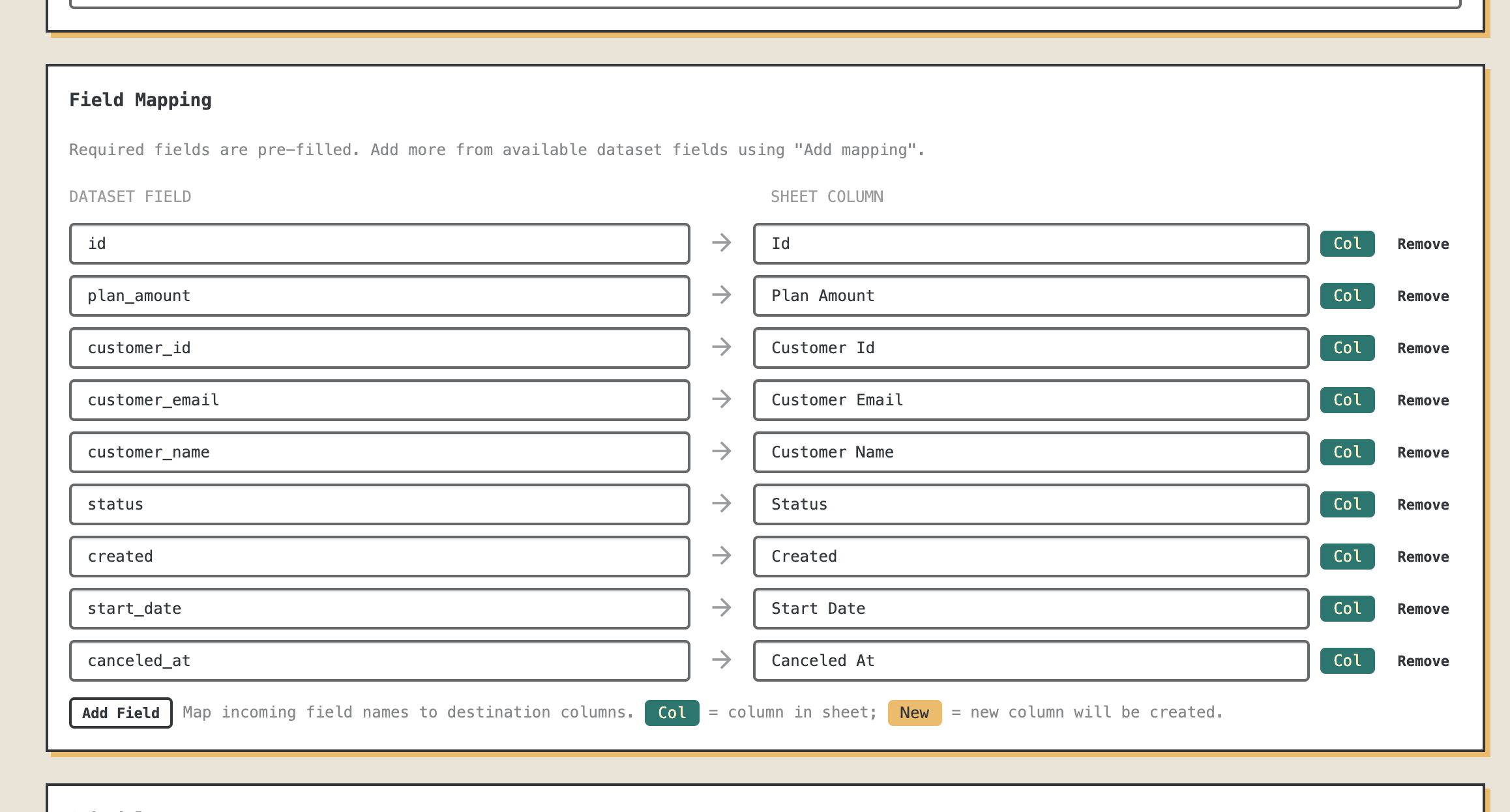 Column mapping – map dataset fields to your sheet columns