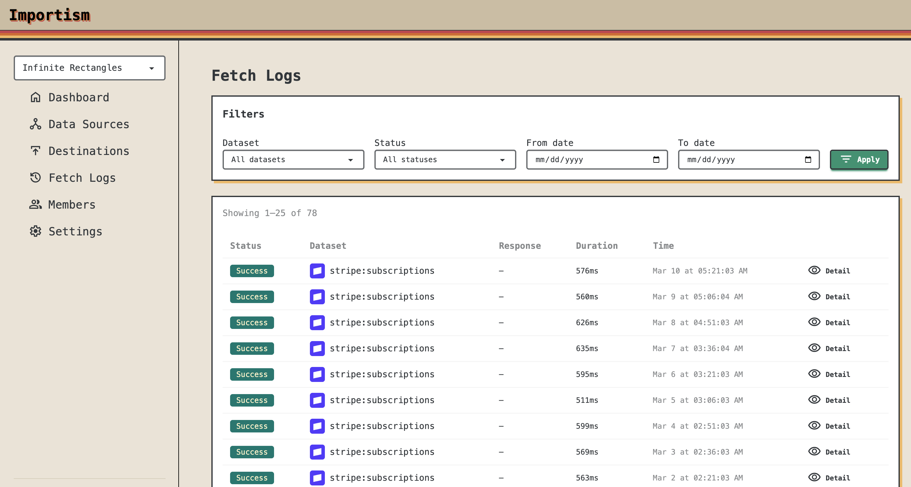 Fetch log – view sync history, data source, destination, and status for each run