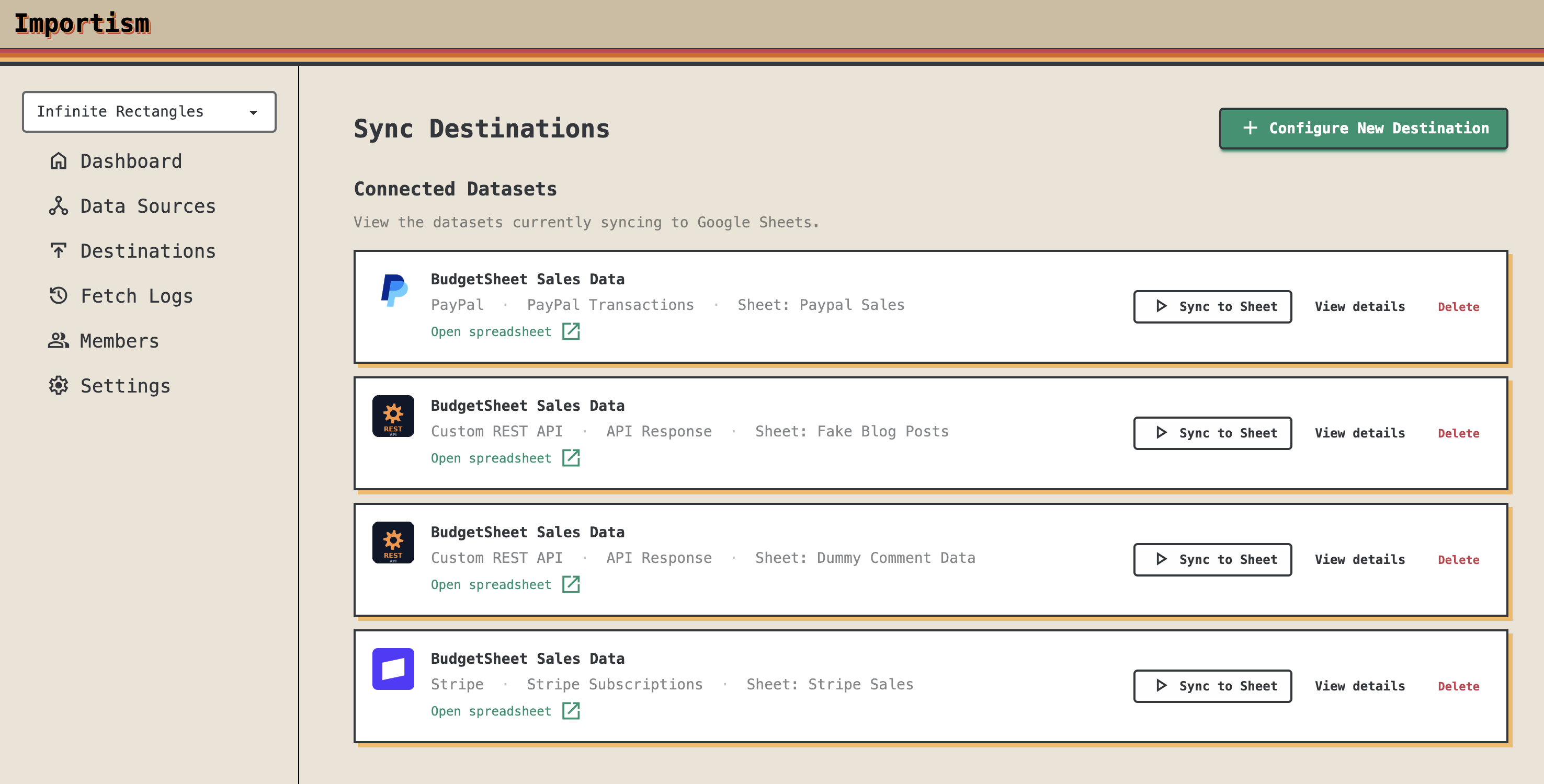Destinations list – see all your connected sheets and sync status